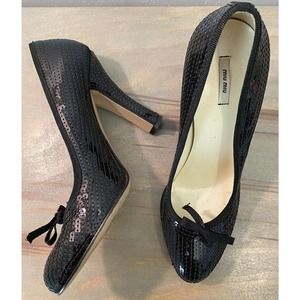 Miu Miu Sequin Stiletto Pumps Black Size 37.5 US 7.5 Italian Luxury